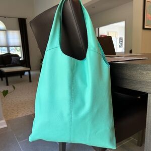 Faux Leather Turquoise Slouchy Tote Bag